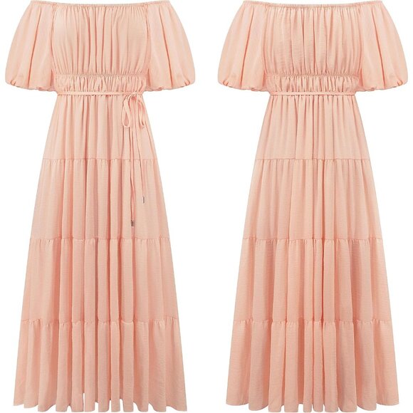 Women’s Off-Shoulder Summer Dress Puff Sleeve Empire Waist A-Line Flowing Midi - Picture 6 of 6